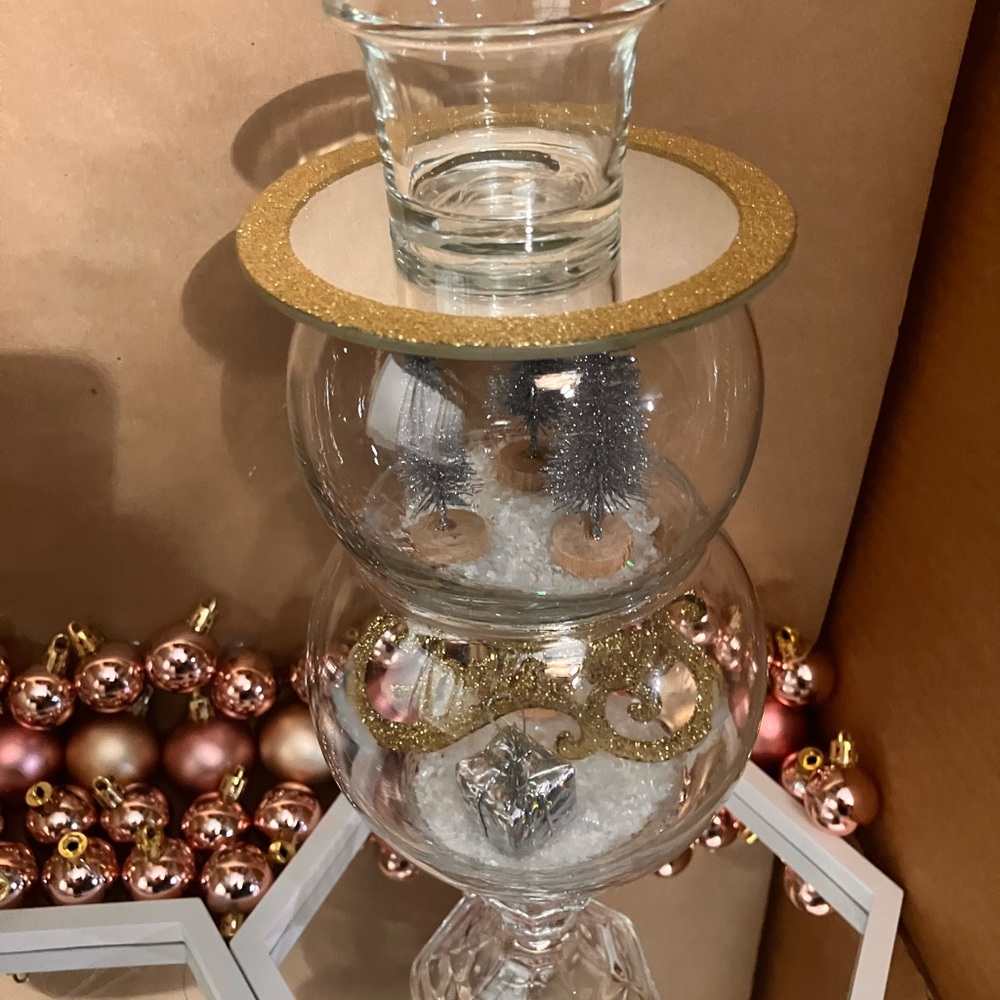 Glass Snowman Candle Holder with Gold and Silver Accents